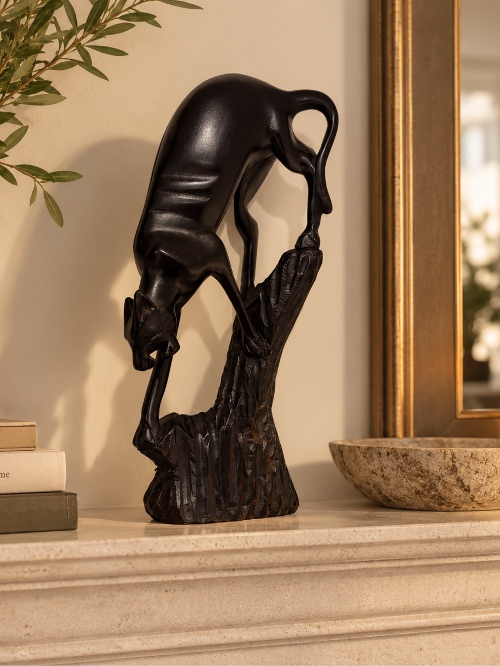 Vintage Black Carved Panther Sculpture